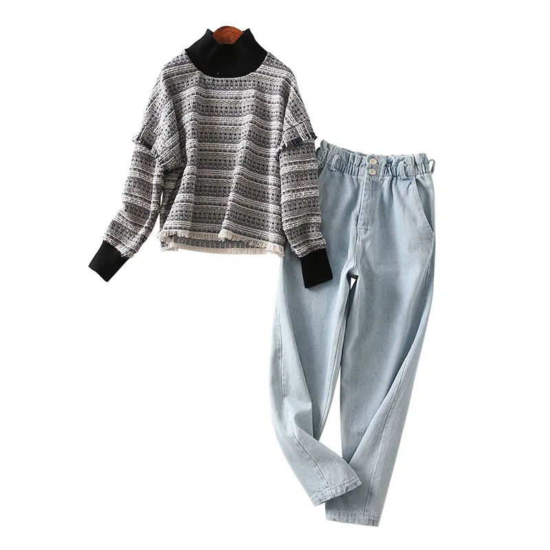 

One's Tweed Half-Turtle-Neck Hoodie Elastic Waist Casual Jeans Two-Piece Women's Entity