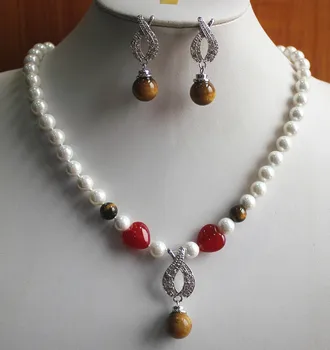 

pearl jewelry set! Wholesale 8mm white shell pearl necklace 14mm tiger eye earring and pendant jewelry set>>002