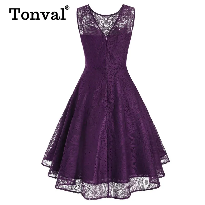 Tonval винтажное милое кружевное фиолетовое платье Элегантная женская одежда v-образный вырез сзади Высокий Низкий Подол миди вечерние платья