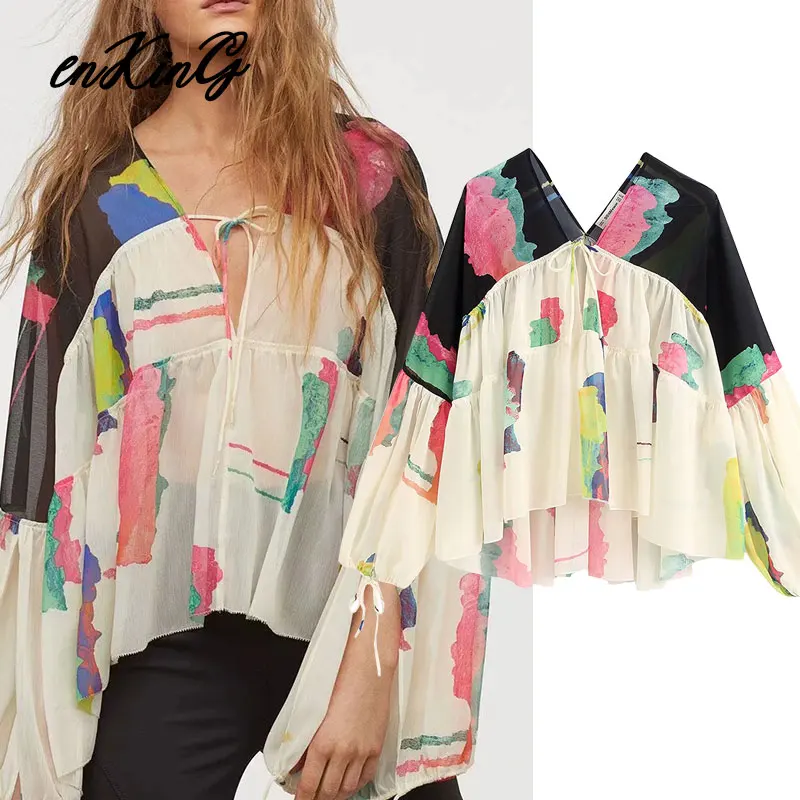 

2020 england high street Color collision loose chiffon sexy blouse women za blusas mujer de moda kimono shirt womens tops