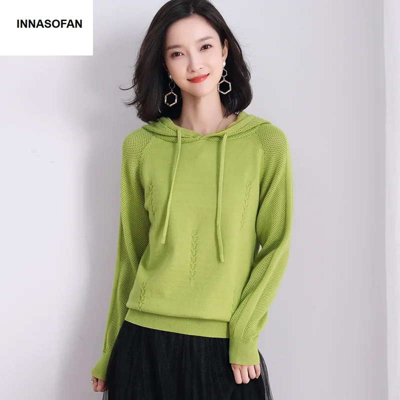 

INNASOFAN sweater women Autumn Winter knitted long-sleeved sweater Euro-American fashion chic casual hooded sweater solid color