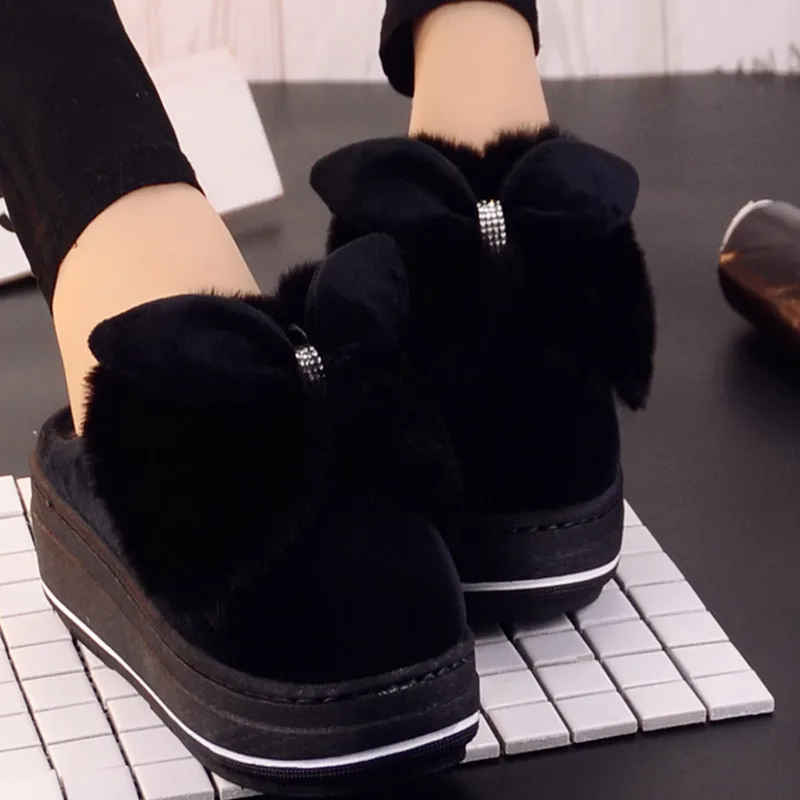 Fujin Winter Slippers Platform Warm Shoes Indoor for Women Bowtie Fashion Design Plush Creeper Moccasins Winter Shoes Women