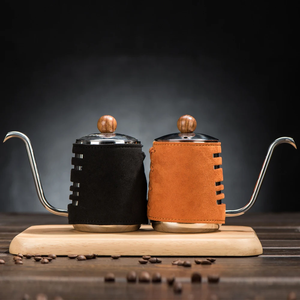

Stainless Steel Hand Drip Kettle with Extra Narrowed Gooseneck Spout and Synthetic Leather Wrapping 300ml 500ml