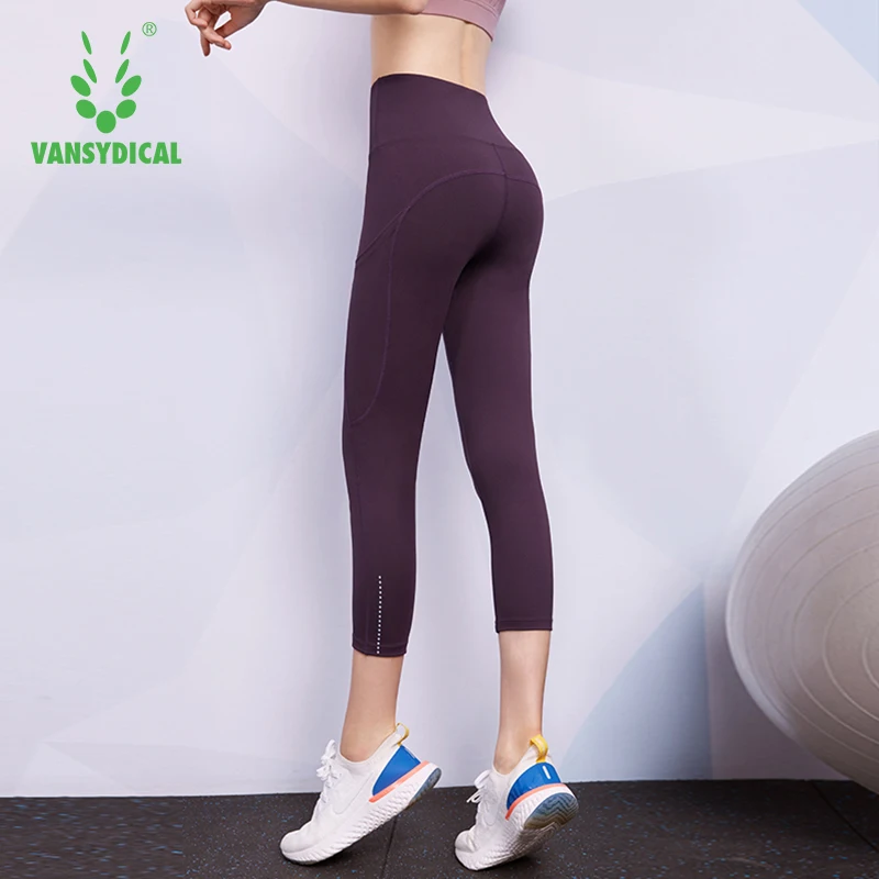 VANSYDICAL компрессионные женские штаны для йоги 3/4, спортивные колготки для бега, одноцветные брюки с высокой талией, леггинсы для фитнеса тренировок для женщин