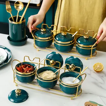 

3pcs Art Ceramic Emerald Seasoning Jar with Shelf Kitchen Luxury Phnom Penh Vanilla Box Oil Salt Sauce Vinegar Seasoning Box Set