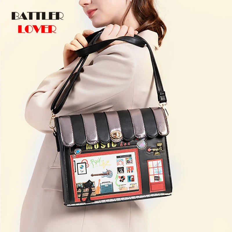 Shoulder Message Bag Gift House Shape Handbag Luxury Design For Women 2020 Leather Womens Crossbody Flaps Cartoon Printing