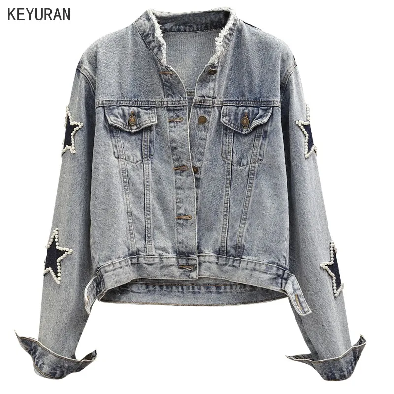 Женская короткая джинсовая куртка с вышивкой звездами и жемчужинами женская