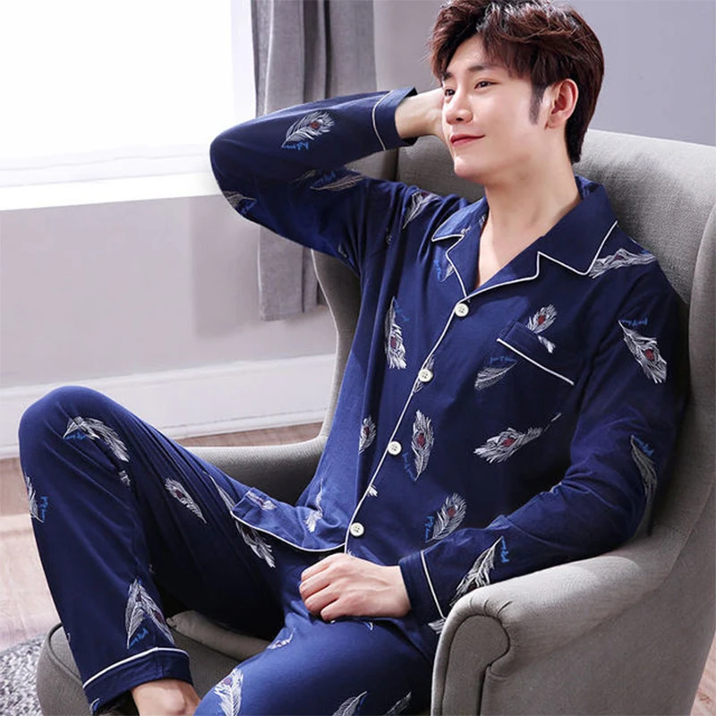 Men's Pajama Sets spring summer Man Pajamas Set Simple Sleepwear long Sleeve Cotton Pajamas For Men Top Pant Leisure Outwear checkered pajama pants Men's Sleep & Lounge