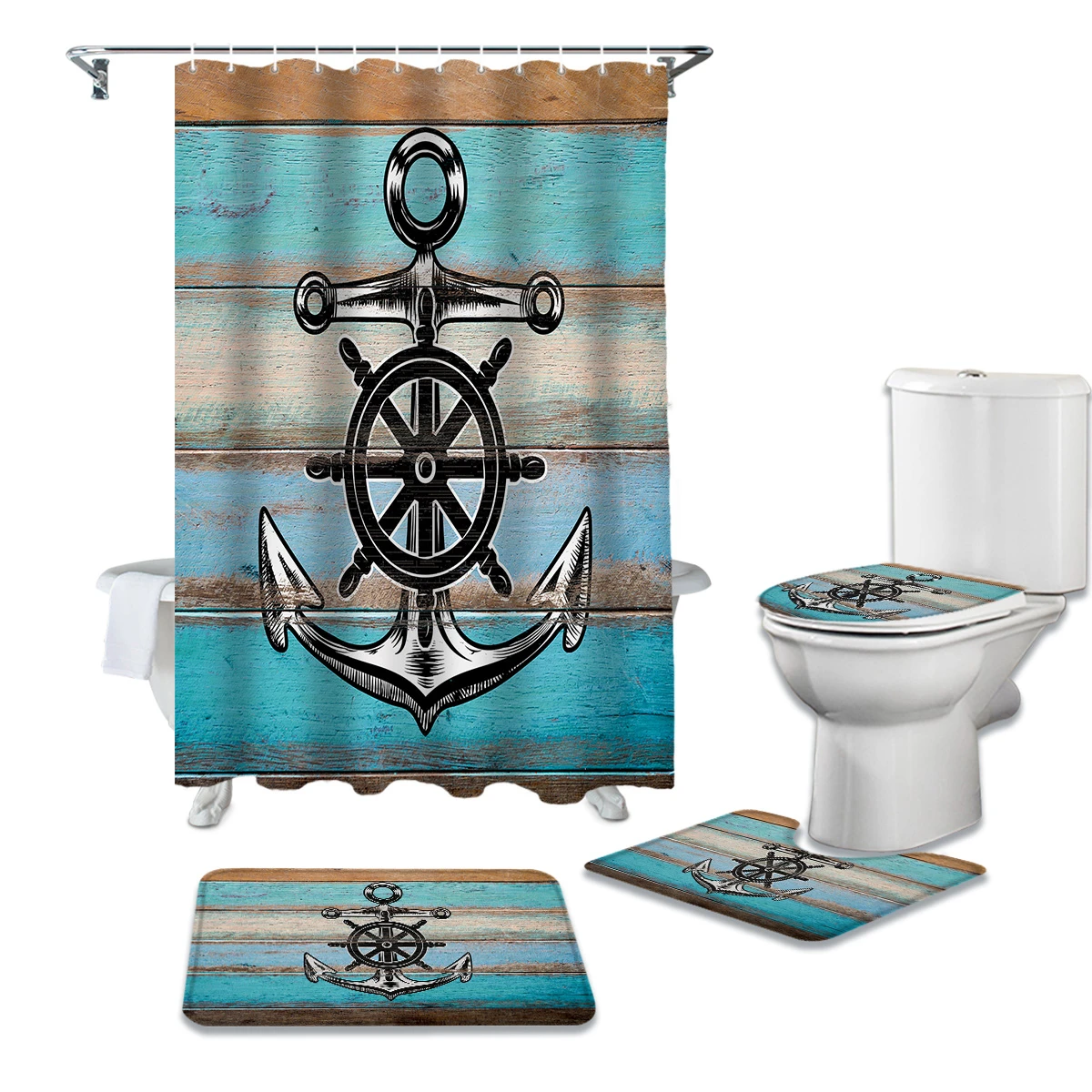 Retro Wood With Anchor Nautical Style Shower Curtains Set Waterproof Shower Curtain Bathroom Set With Shower Curtain And Rugs Shower Curtains Aliexpress