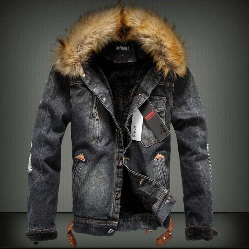 Mcikkny Men Ripped Warm Denim Jacket Fur Collar Casual Coats Parka For Male Fleece Lined Size S-6XL (7)