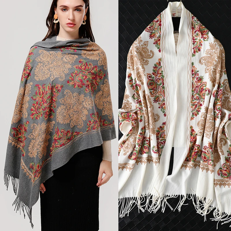 

Luxury Winter Warm Cashmere Scarf Women Embroidery Pashmina Shawl Wraps Headkerchief Bufana Foulard with Tassel Echarpe 2022 New
