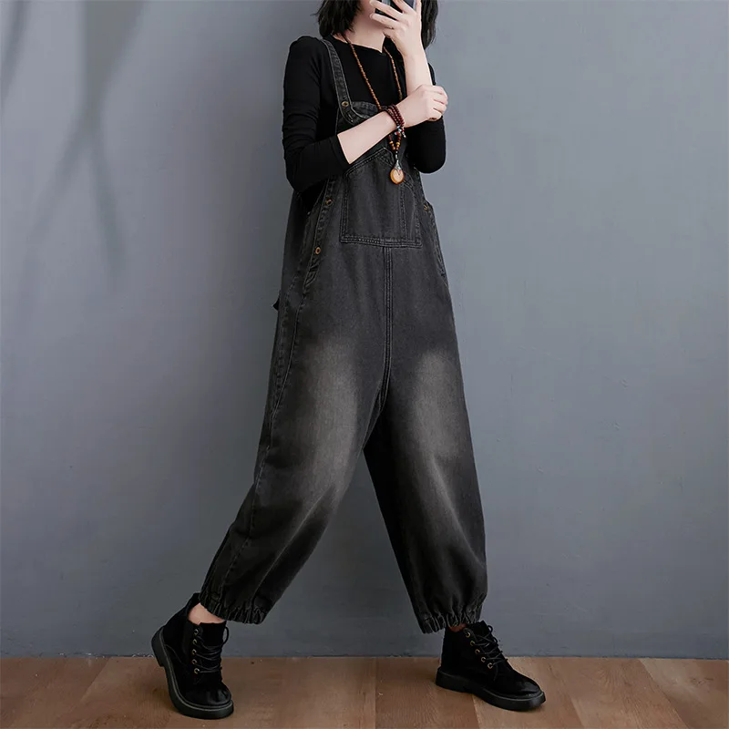 Plus Size Casual Denim Overalls Women 2020 Spring Autumn New Spaghetti Strap Pocket Loose Fashion Jumpsuit Jeans Rompers
