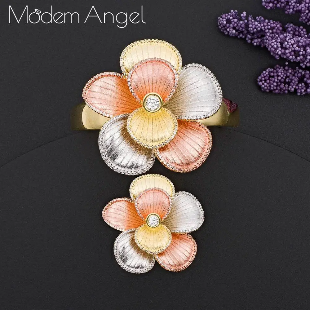 

ModemAngel New Arrival Luxury Flower Blossom Women Wedding Naija Bridal Cubic Zirconia Bangle Ring Set Fashion Dress Jewelry Set