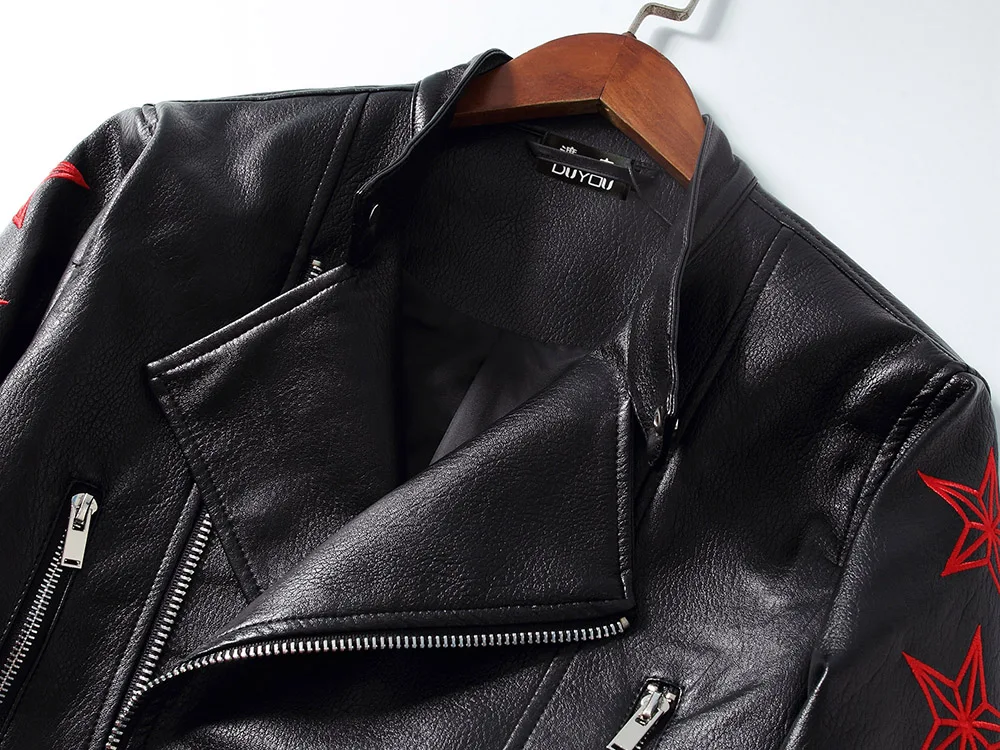 DUYOU Moto& Biker стильные мужские Куртки из искусственной кожи с отложным воротником, мужские облегающие уличные куртки с вышивкой в виде орла