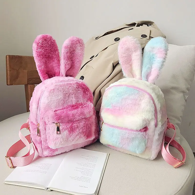 Rabbit Ears Tie Dye Plush Backpack For Women Faux Fur Shoulders Bag Cute Furry Mini Backpacks Girl Fluffy Bag 2021 Winter New