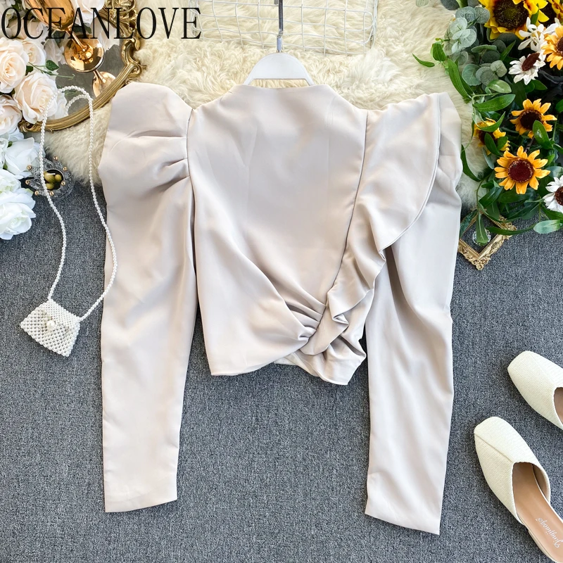 OCEANLOVE Ins Fashion Short Blouses Women Elegant Ziper Ruffles Shirts 2020 Solid Puff Sleeve Spring Blusas 14032 | Женская одежда