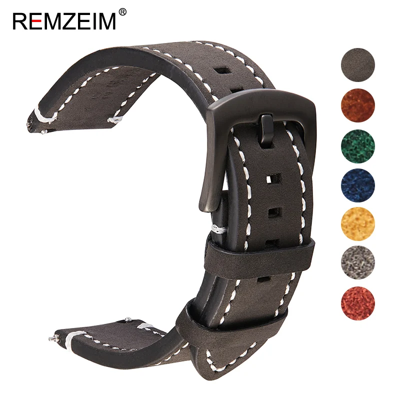 Premium Crazy Horse Calfskin Leather Watch Strap - Dark Brown, Gray, Black, Blue, Green Options