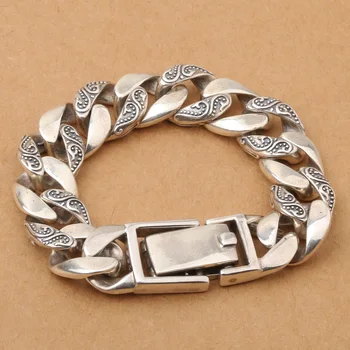 

Wholesale S925 Sterling Silver Fashion Retro Thai Silver Men Women Black White Stripes Personality Trend Coarse Bracelet