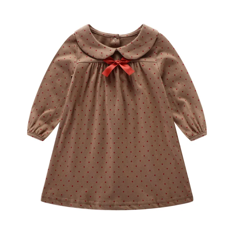 

Little Maven Spring Autumn New Full-Sleeved Brown Dots Printed Turndown Collar Bowknot Knitted Cotton Girls Casual Dresses