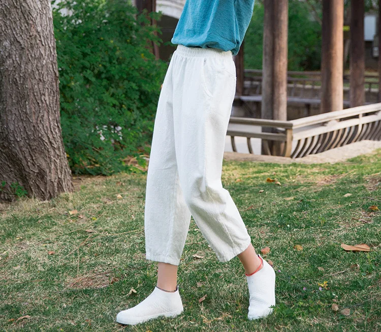 Johnature Loose Comfortable Solid Color Pockets Elastic Waist All-match Calf-length Pants 2020 Autumn New Women Straight Pants
