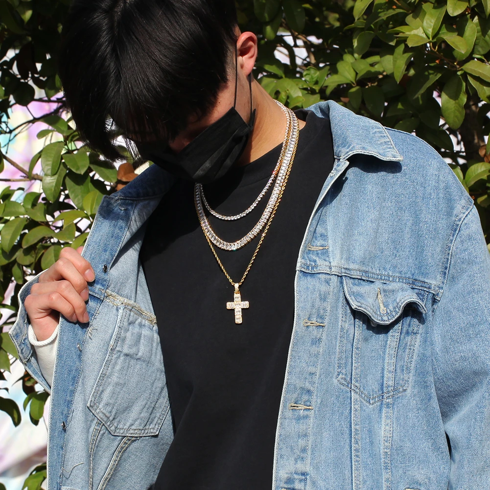 THE BLING KING Men Hiphop Cross Pendant Necklace Hiphop Style Iced AAA Cubic Zirconia Necklace Copper Fashion Jewelry