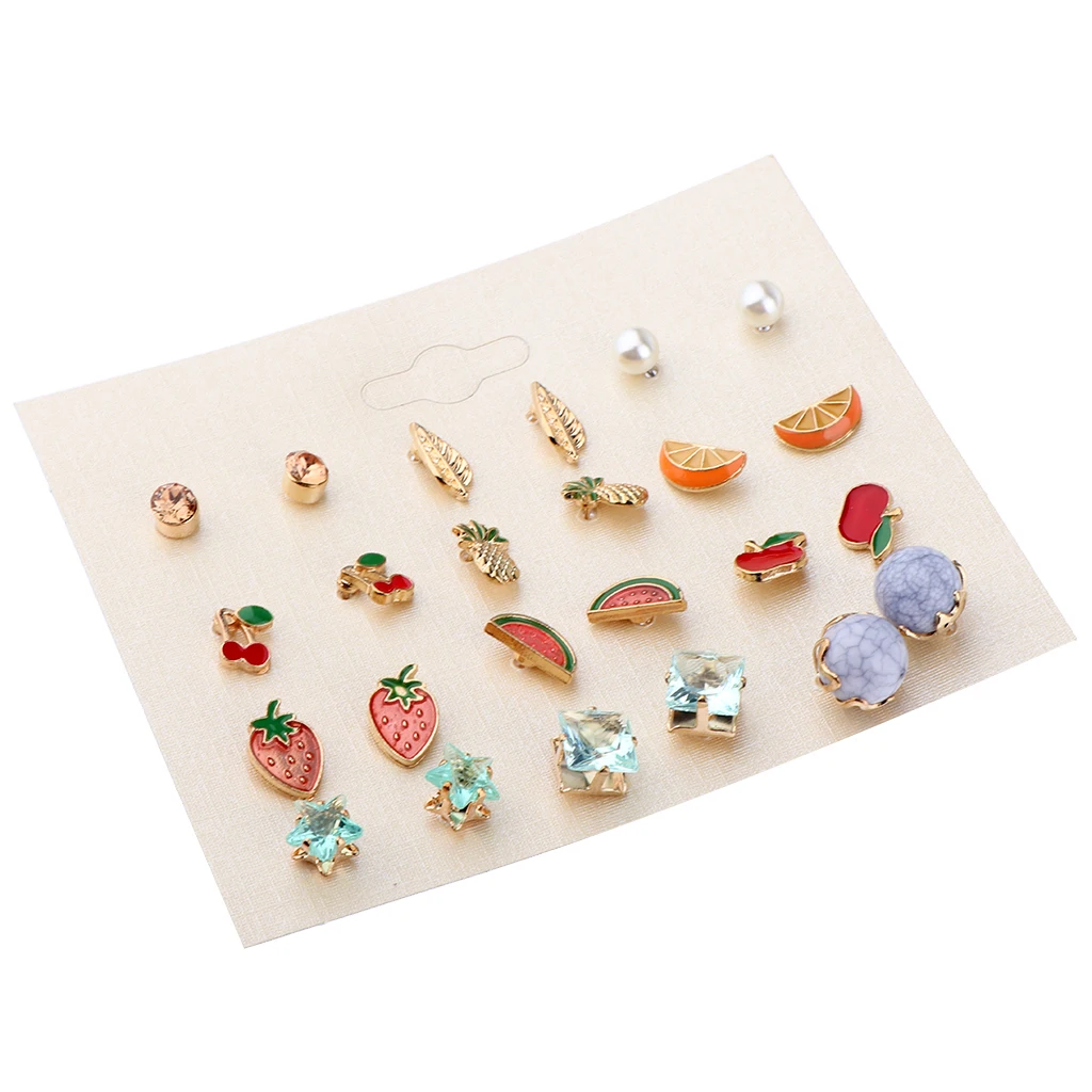 12 Pairs Women Girl Cute Fruit Earrings Pineapple Cherry Stud Earrings Set