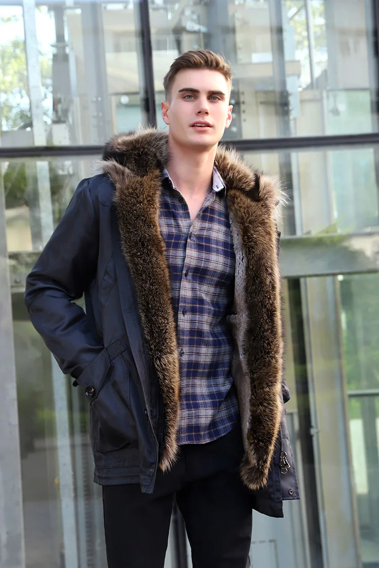 Men's mid-length hooded fur coat detail – Vexaro