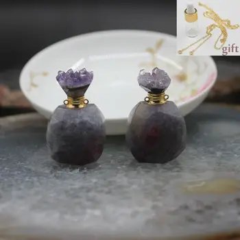 

New!Pink Tourmaline Perfume Bottle Amethysts Druzy Caps Pendant,Gems Stone Pear Shape Essential Diffuser Necklace Charms Jewelry