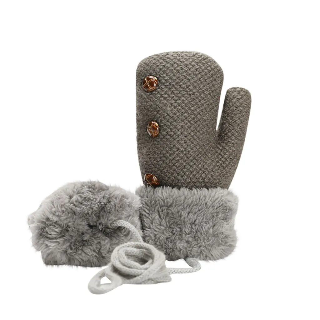 Меховые плюшевые Утепленные перчатки для детей, для мальчиков и девочек, теплые рукавицы с длинными пальцами, с подвеской на шею, с завязками, Rekawiczki Zimowe, детские перчатки