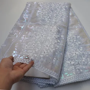 

Wedding Nigerian Latest Sequins Lace Fabric 2020 Embroidered Stones Net Lace White French African Mesh Lace Fabric Beads 5 Yards