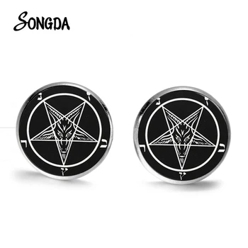 

Punk Gothic Inverted Pentagram Earrings 2019 Satanism Red Goat Head Patterns Glass Round Ear Studs for Men Women Jewelry