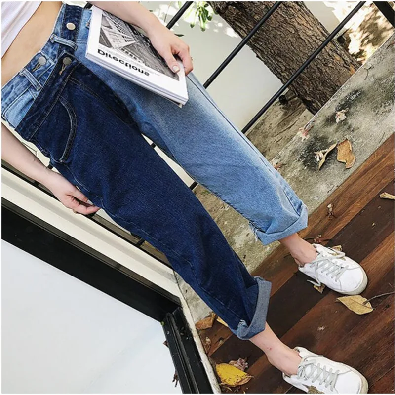 

[EWQ] High Waist Fake Two-piece Contrast Color Stitching Jeans Female 2019 Autumn New Fashion Trend Ladies Denim Trousers QK596