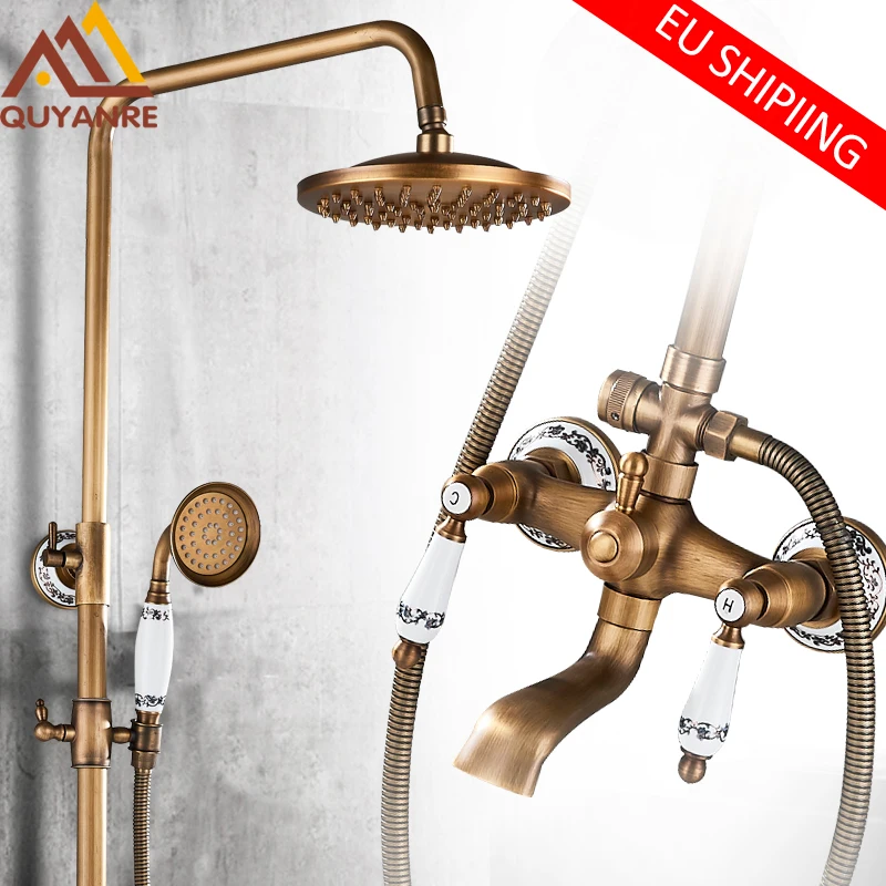 quyanre wanfan gappo antique brass shower faucets set brass shower head ceramic handshower swivel tub spout 3-way mixer tap wall mounted bathroom shower faucet kit11
