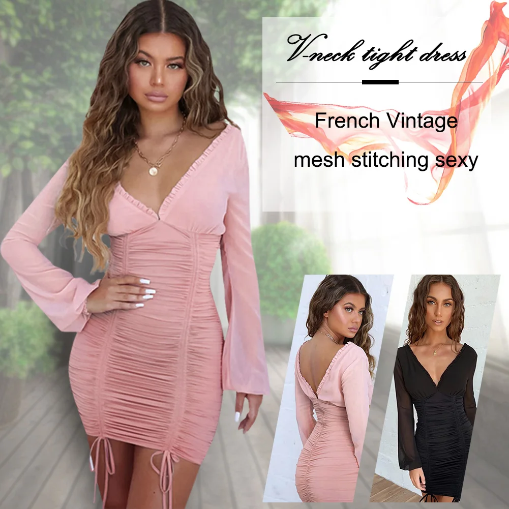 

Lady Mesh Patchwork Pleated Autumn Dress Women Deep V-Neck Long Sleeve Mini Sexy Bodycon Dress Backless Party Dress Short
