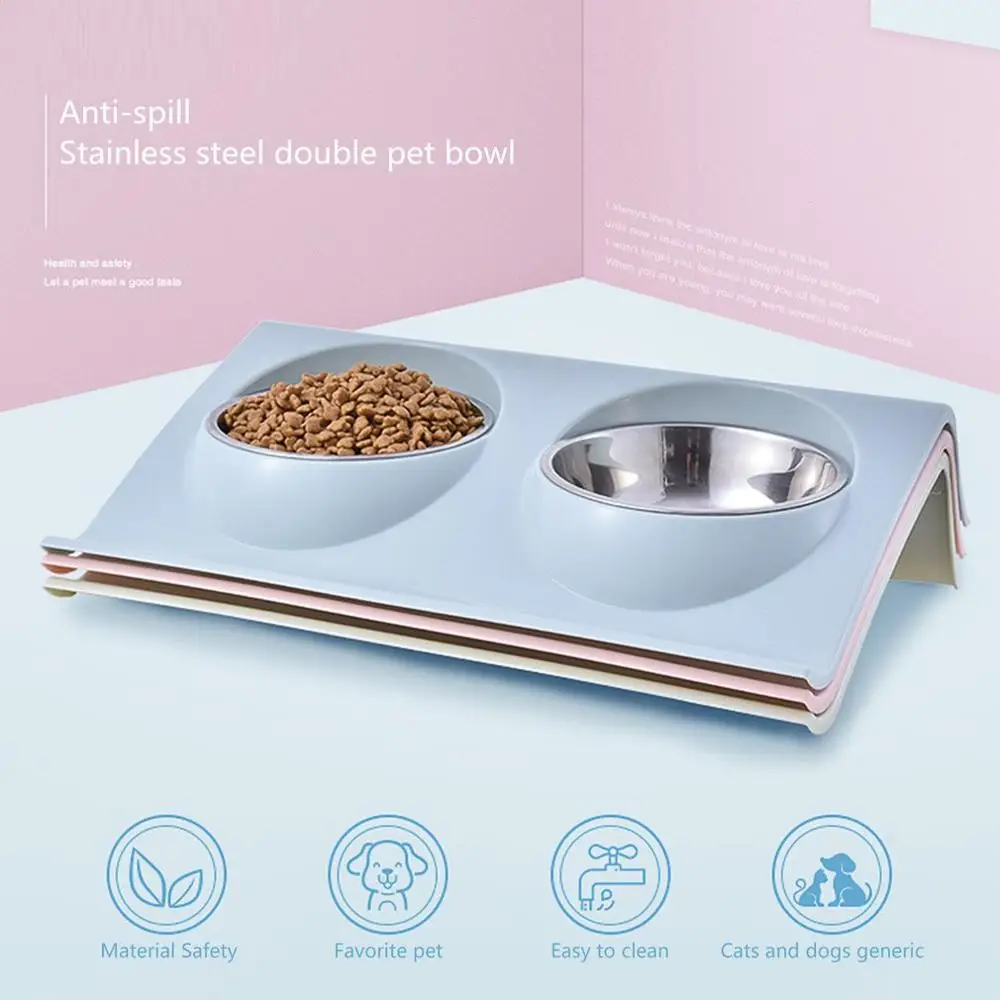 Cuencos dobles de acero inoxidable para perros y gatos, comedero de comida para mascotas, tazón de alimentación fácil de limpiar, 2020