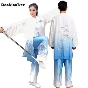

2019 Embroidery Dragon Chinese Men Women jiu jitsu wushu kung fu uniform tai chi suit milk silk Martial arts performance suit