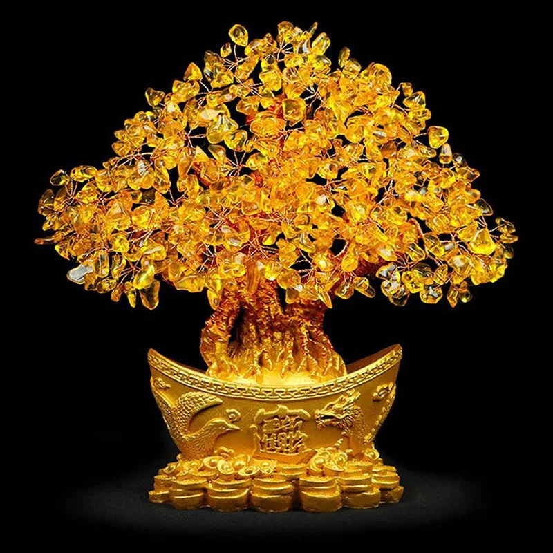 Lucky Money Tree Chinese Gold Ingot Crystal Fortune Tree Ornament Wealth Ornament Home Office Table Decoration Tabletop Crafts