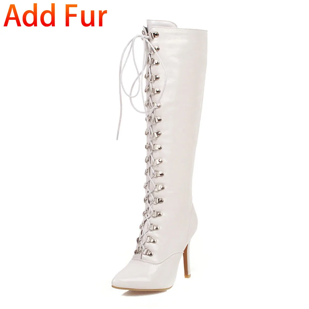 SARAIRIS/Новые модные брендовые женские туфли на высоком каблуке с острым носком, большие размеры 33-48 вечерние женские сапоги до колена - Цвет: white thick fur