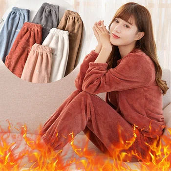 

Loose Women's Pants Lazy Flannel Tops Coral Fleece Sleepwear Soft Lungewear Pyjama Set Autumn Winter One size Warm Pants Solid