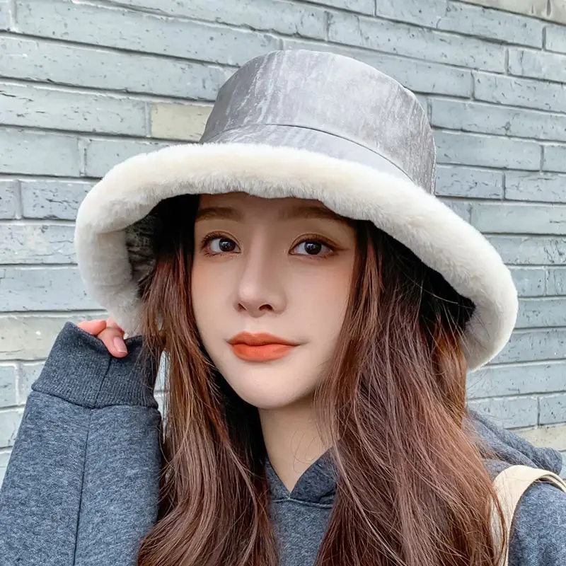 

Bucket Cap Winter Furry Hat Round Hats Solid Color Fisherman Hat Casual Wild Shading Cap Foldable Ear Protection Hat Women Cap