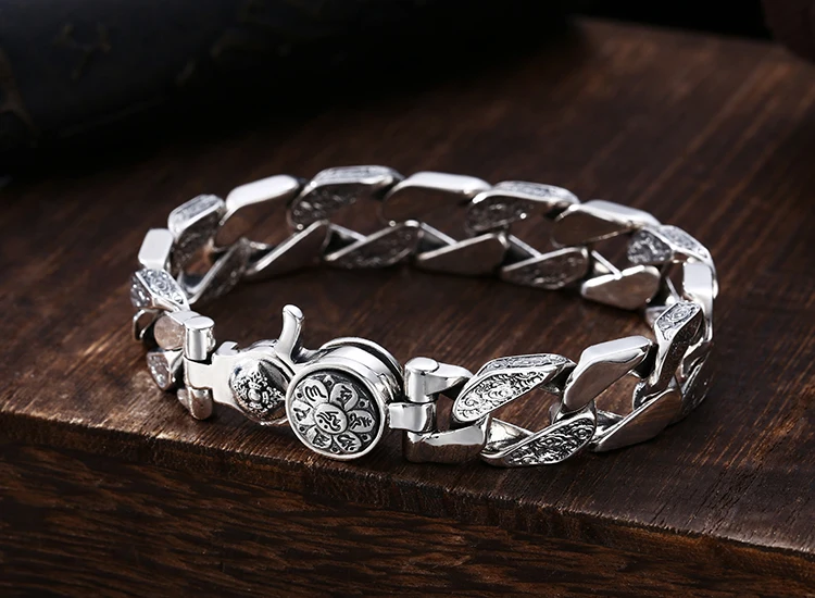 BOCAI New Real S925 Silver Jewelry Personality Trend Rotatable Six-character Mantra Good Luck Man Bracelet Thick Style Vintage