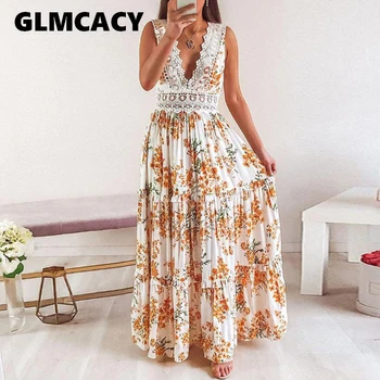 

Women Sleeveless V Neck Maxi Dress Floral Printed Boho Beach Dress Backless Long Evening Party Vestidos