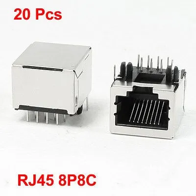 

20 Pcs Stainless Steel Shell 8P8C RJ45 PCB Jack Connector 0.7" x 0.6" x 0.5
