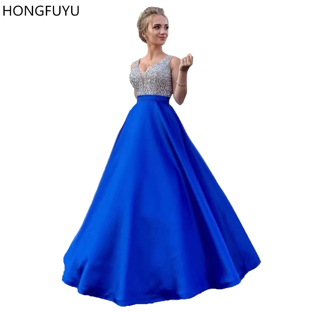

HONGFUYU New V-Neck Beads Bodice A Line Long Evening Dress Party Pageant Elegant Vestido De Festa Royal Blue Satin Prom Gowns