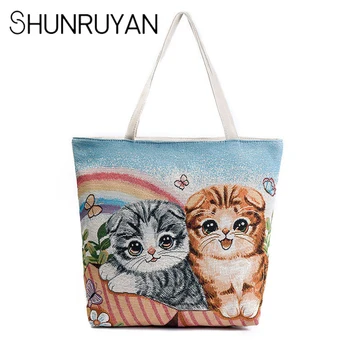 

SHUNRUYAN Fashion Cute Two Kittens Lady's Canvas Handbag Rainbow Butterfly Embroidered Shoulder Bag High-capacity Shopping Bag