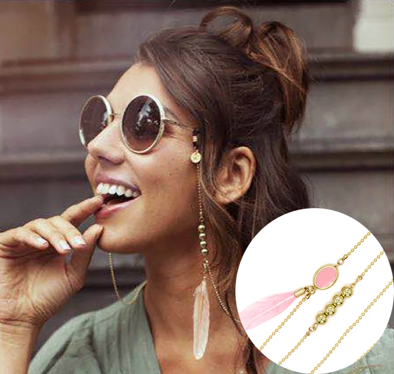 Cadena para gafas de sol para mujer, cadena Bohemia de plumas rosas, cuentas redondas, cordón sujeción, cordones, para gafas de sol|Accesorios para gafas| -