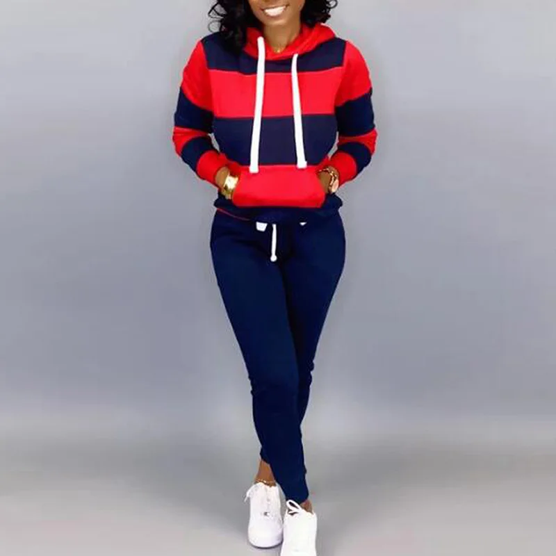 2020 Spring Autumn 2 Piece Sweat Set Hoodies Sweatshirt Pants Casual Sports Suit For Women Striped Tracksuit Joggers Suits | Женская