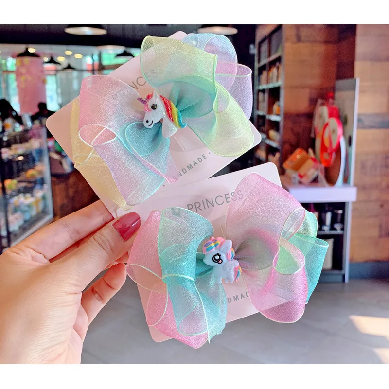 Horquillas de unicornio para niña pequeña, horquillas de arco iris con cintas coloridas, pinzas para el pelo y alfileres con lazo grande, pasadores para niños, regalo