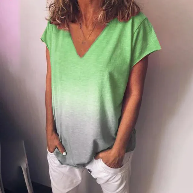 Green Женские топы, женские футболки, пляжные летние пуловеры, повседневные Модные праздничные рубашки больших размеров, базовые свободные футболки с v-образным вырезом - Цвет: Green