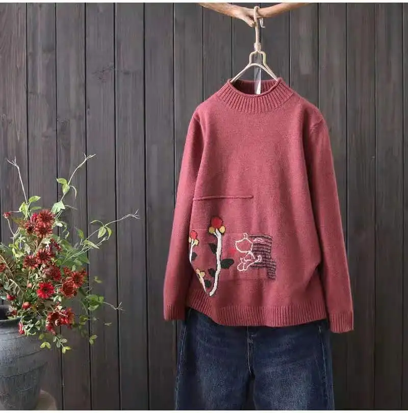 

2019 New Style Korean-style Sweater Women's Slim Fit Literature And Art Embroidered Tops Long Sleeve Pullover Knitting Shirt Aut